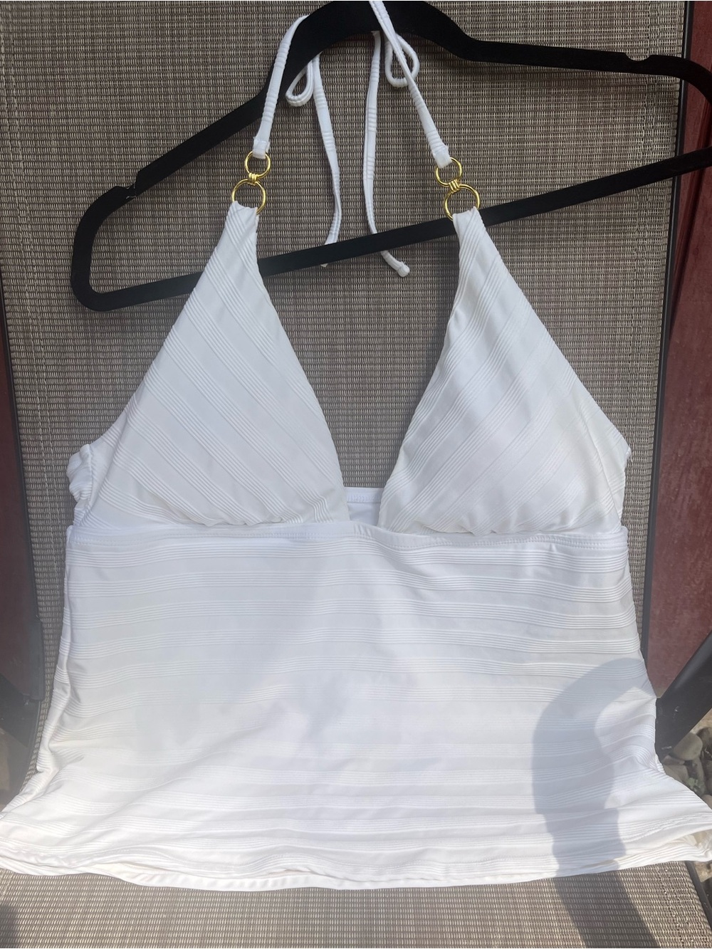 La Blanca textured White Halter Tankini swimtop with Gold Ring Accents.